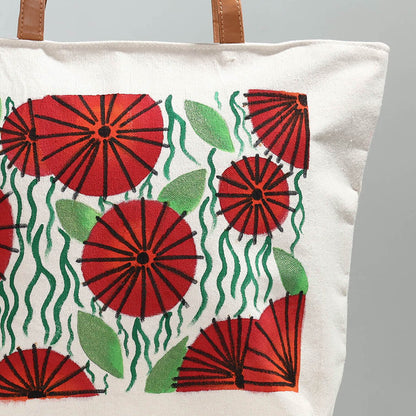 Beige - Red Flower & Green Foliage - Handpainted Canvas Cotton Shoulder Bag