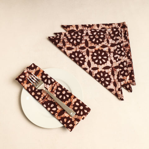 Set of 4 - Brown Hand Batik Printed Cotton Table Napkins