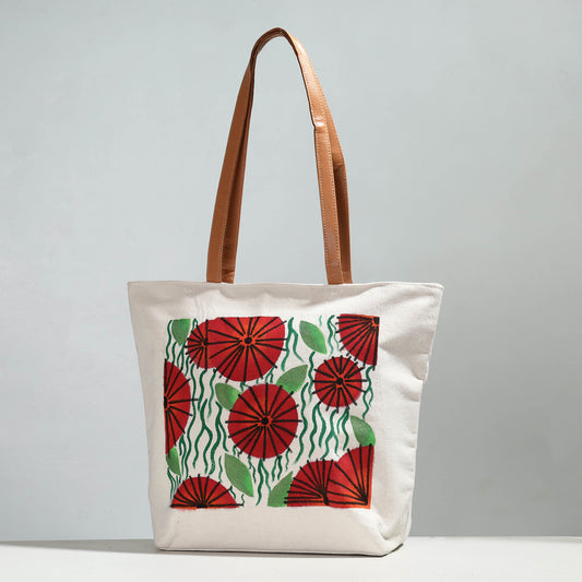 Red Flower & Green Foliage - Handpainted Canvas Cotton Shoulder Bag