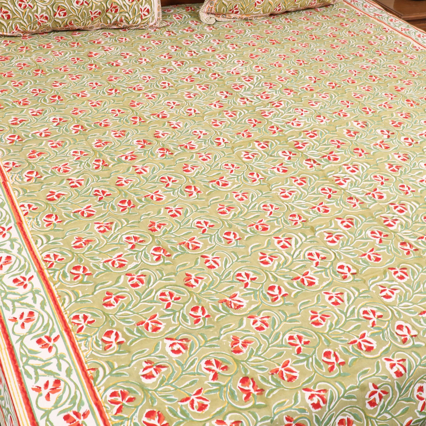 Green - Pure Cotton Double Sanganeri Print Bed Cover Set 11