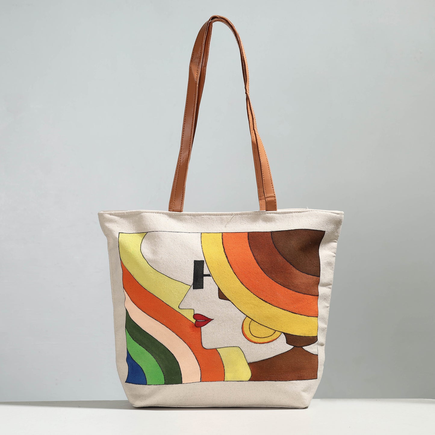 Beige - Modern Art - Handpainted Canvas Cotton Shoulder Bag