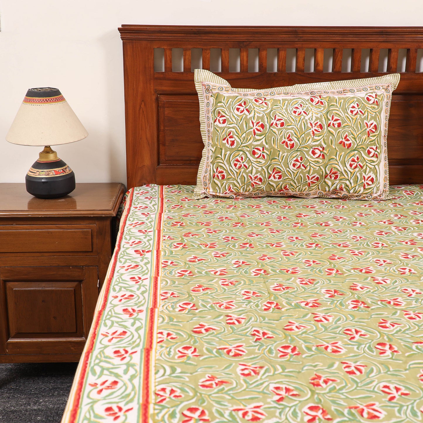 Green - Pure Cotton Double Sanganeri Print Bed Cover Set 11