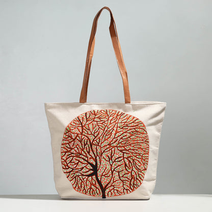 Beige - Tree of Life - Handpainted Canvas Cotton Shoulder Bag