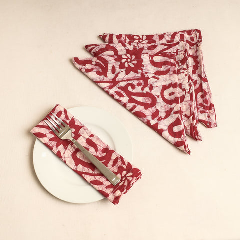Set of 4 - Red Hand Batik Printed Cotton Table Napkins