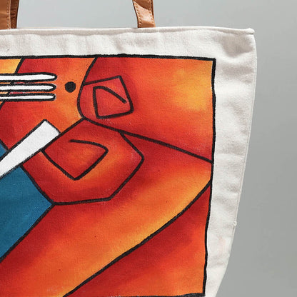 Orange - Ganesha - Handpainted Canvas Cotton Shoulder Bag