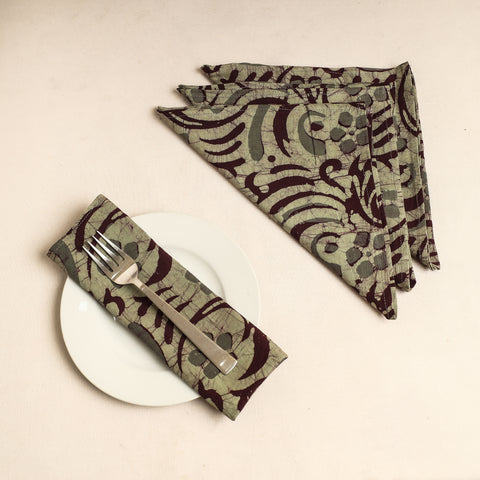 Set of 4 - Green Hand Batik Printed Cotton Table Napkins