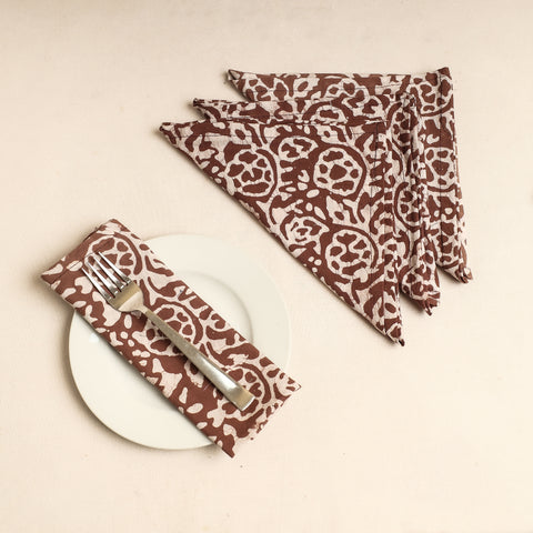 Set of 4 - Brown Hand Batik Printed Cotton Table Napkins
