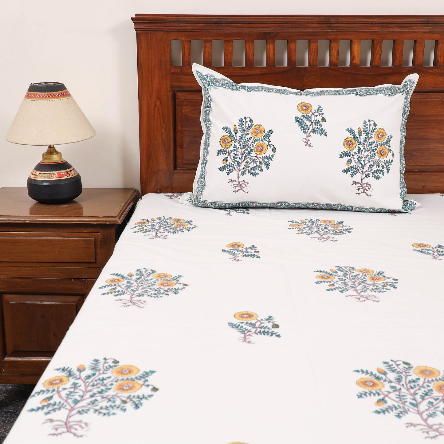 White - Pure Cotton Double Sanganeri Print Bed Cover Set 16