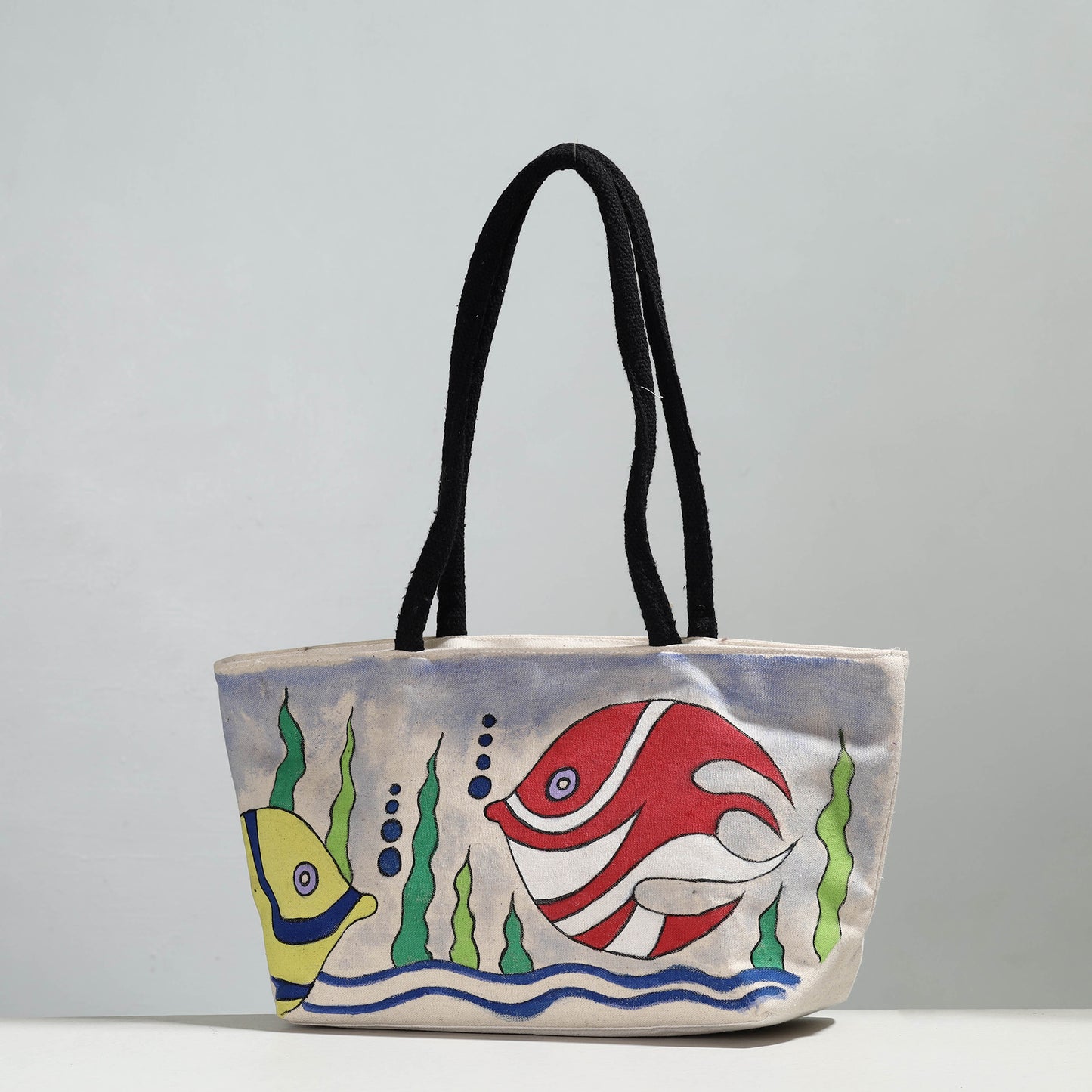 Beige - Fish - Handpainted Canvas Cotton Shoulder Bag