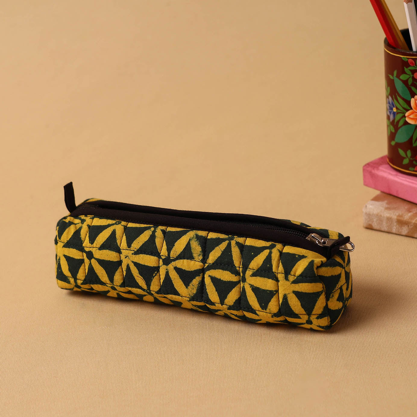 Yellow Handmade Quilted Cotton Pencil Pouch