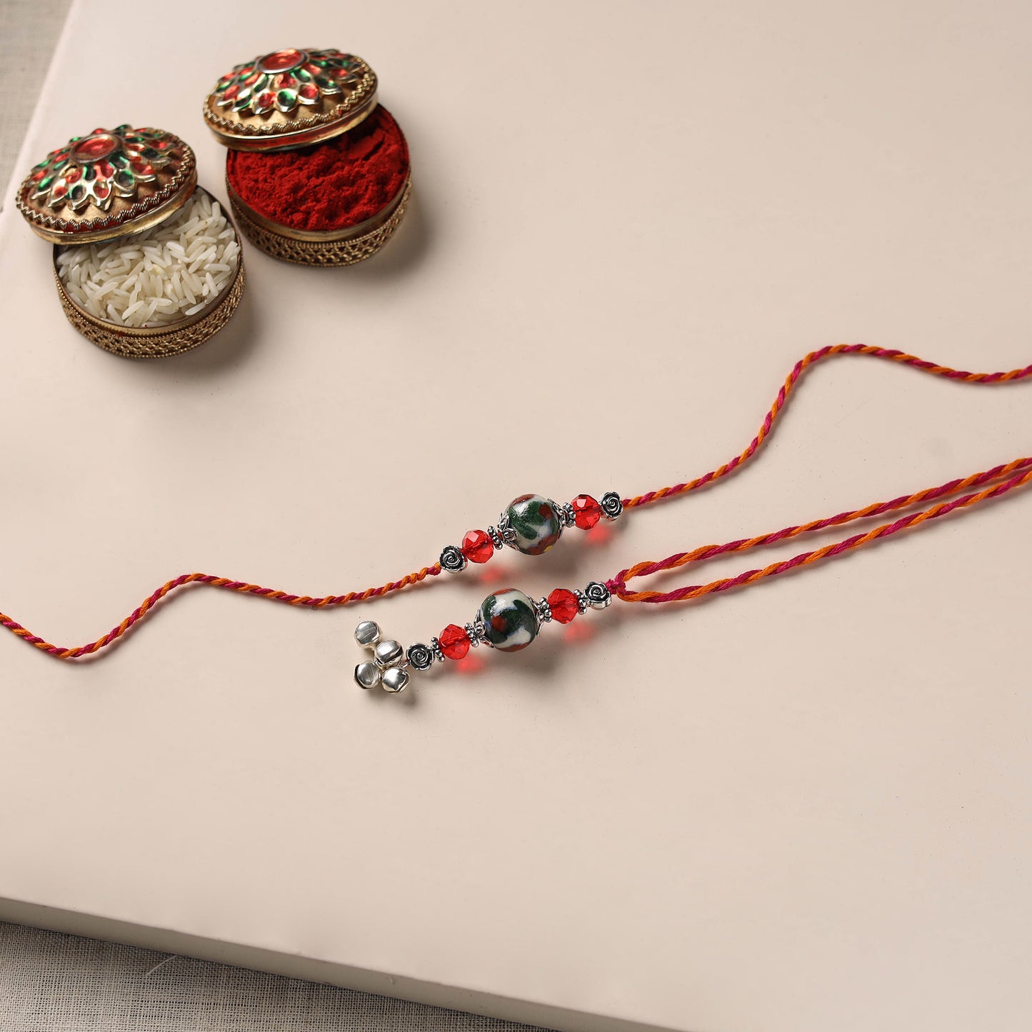 Handmade Blue Pottery & GS Bead Work Rakhi Lumba Set 31