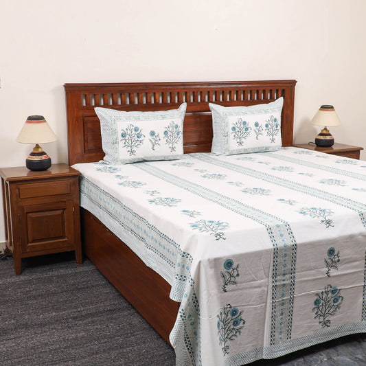 White - Pure Cotton Double Sanganeri Print Bed Cover Set 17