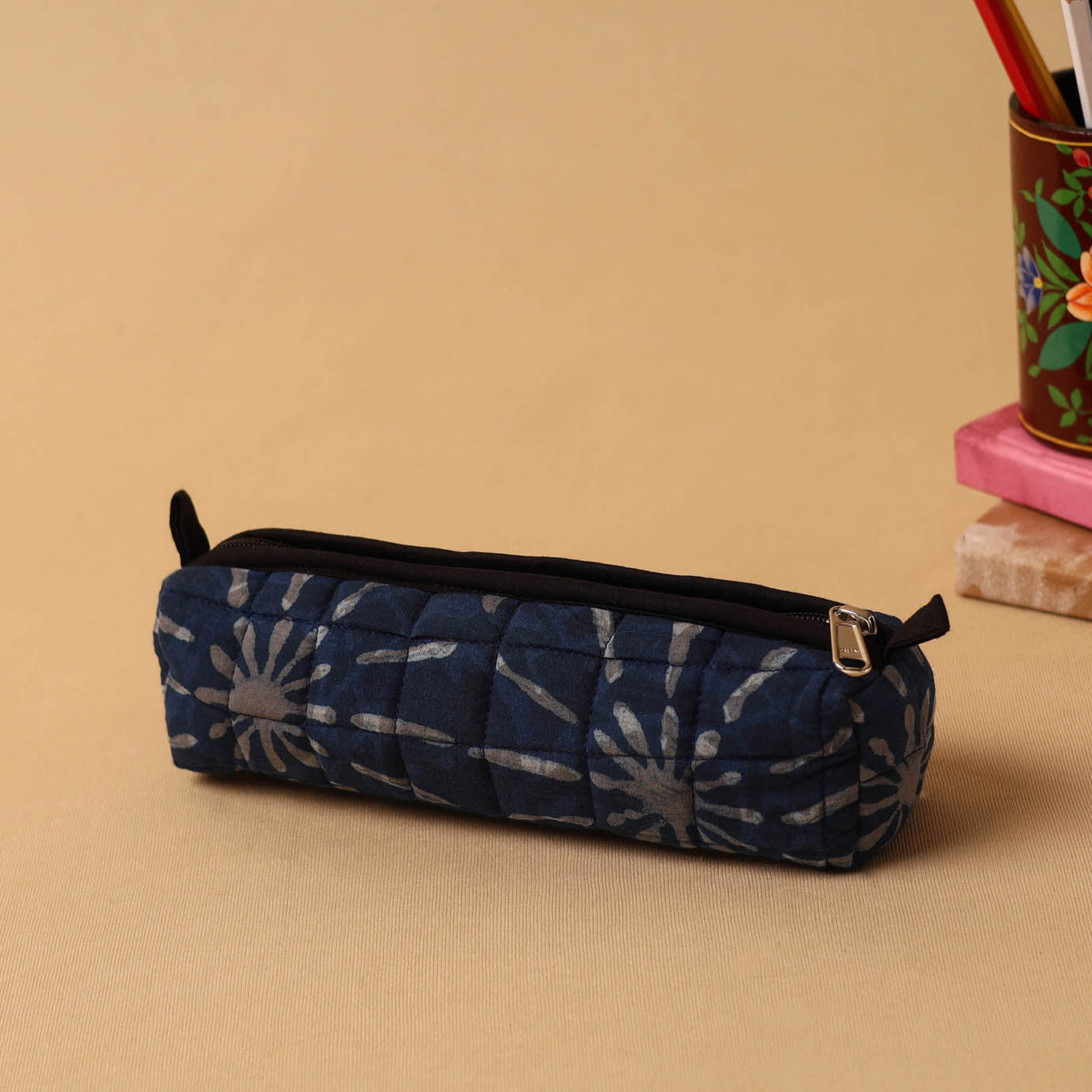 Blue Handmade Quilted Cotton Pencil Pouch