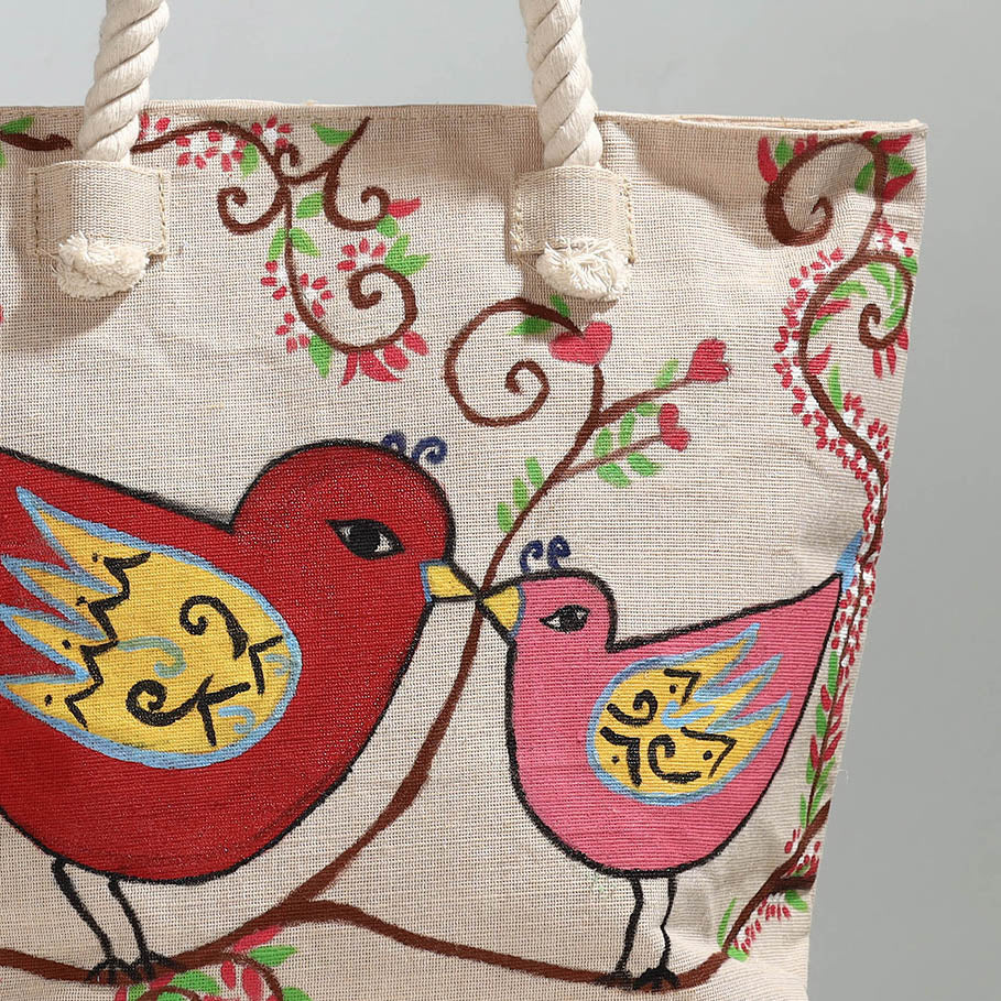 Beige - Birds - Handpainted Jute Cotton Shoulder Bag