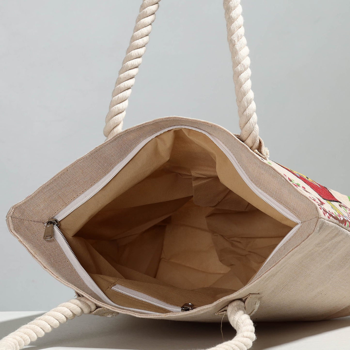 Beige - Birds - Handpainted Jute Cotton Shoulder Bag