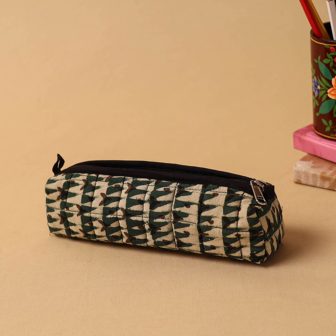 Beige Handmade Quilted Cotton Pencil Pouch