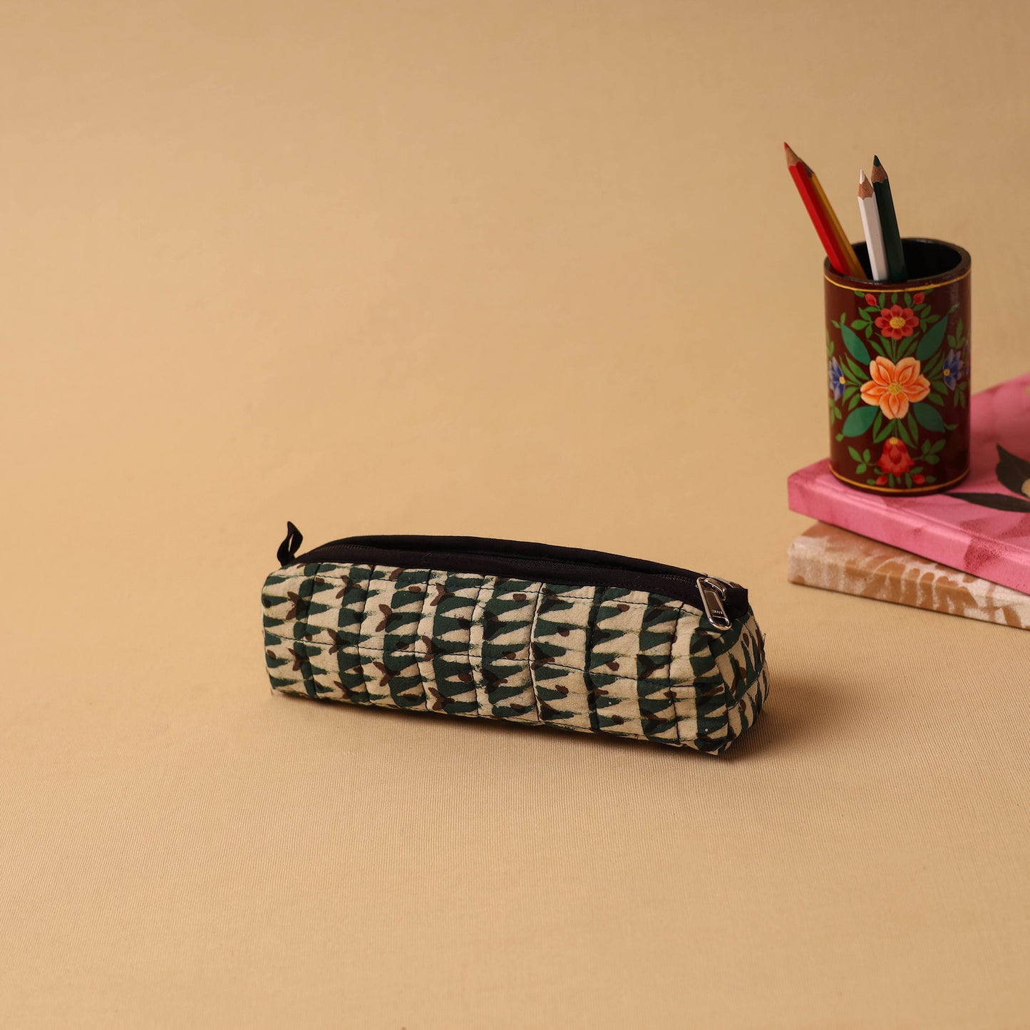 Beige Handmade Quilted Cotton Pencil Pouch