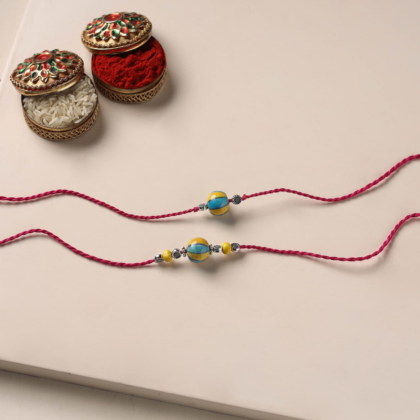 Handmade Blue Pottery & GS Bead Work Bhaiya Bhabhi Rakhi Set 21