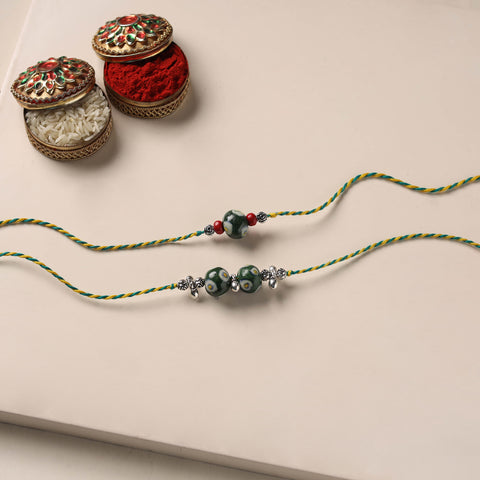 Handmade Blue Pottery & GS Bead Work Bhaiya Bhabhi Rakhi Set 22