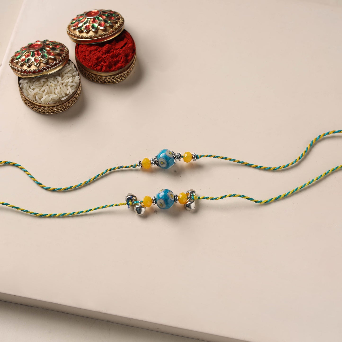 Handmade Blue Pottery & GS Bead Work Bhaiya Bhabhi Rakhi Set 24