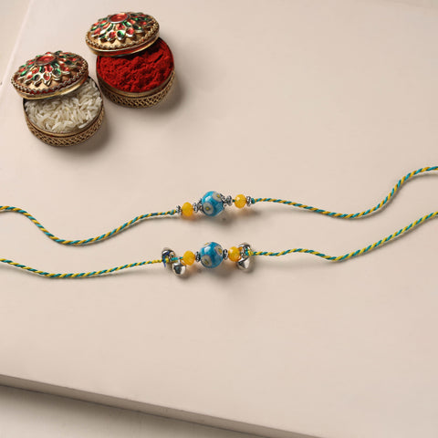 Handmade Blue Pottery & GS Bead Work Bhaiya Bhabhi Rakhi Set 24