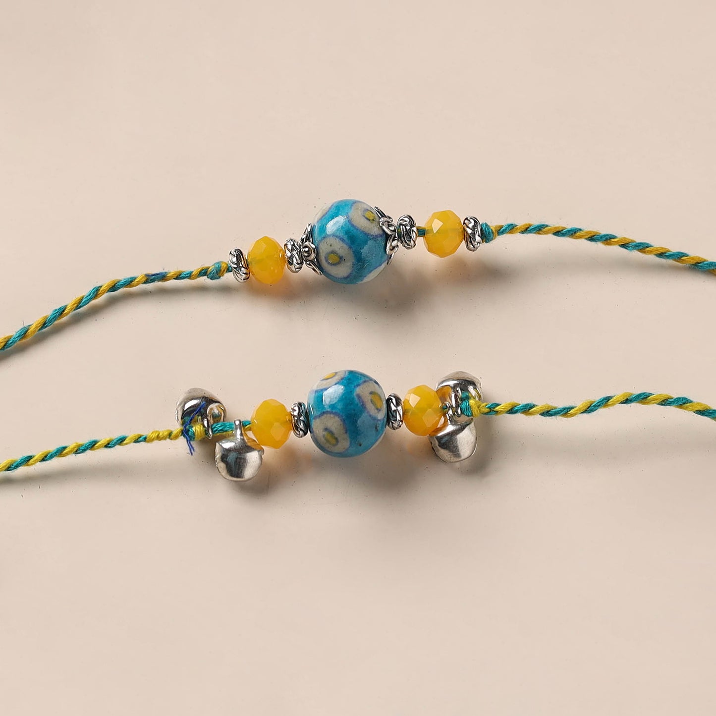 Handmade Blue Pottery & GS Bead Work Bhaiya Bhabhi Rakhi Set 24