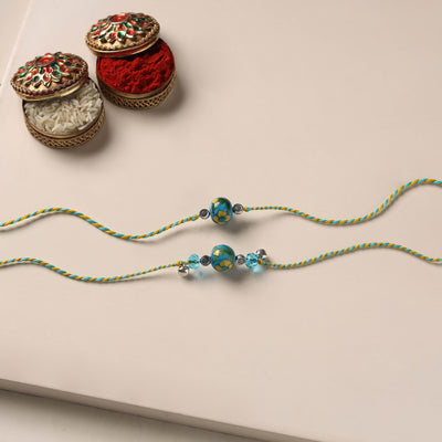 Handmade Blue Pottery & GS Bead Work Bhaiya Bhabhi Rakhi Set 25