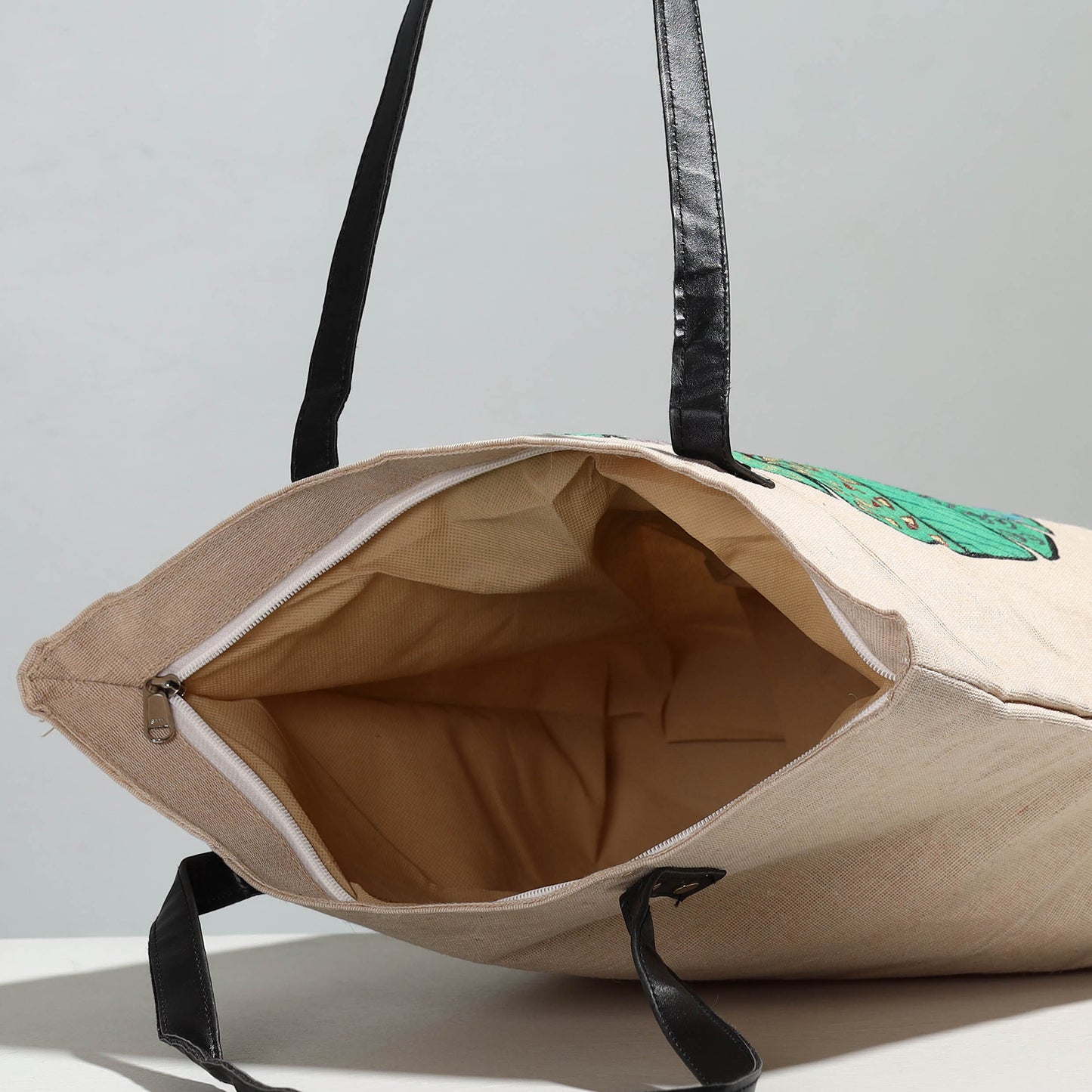 Beige - Handpainted Jute Cotton Shoulder Bag