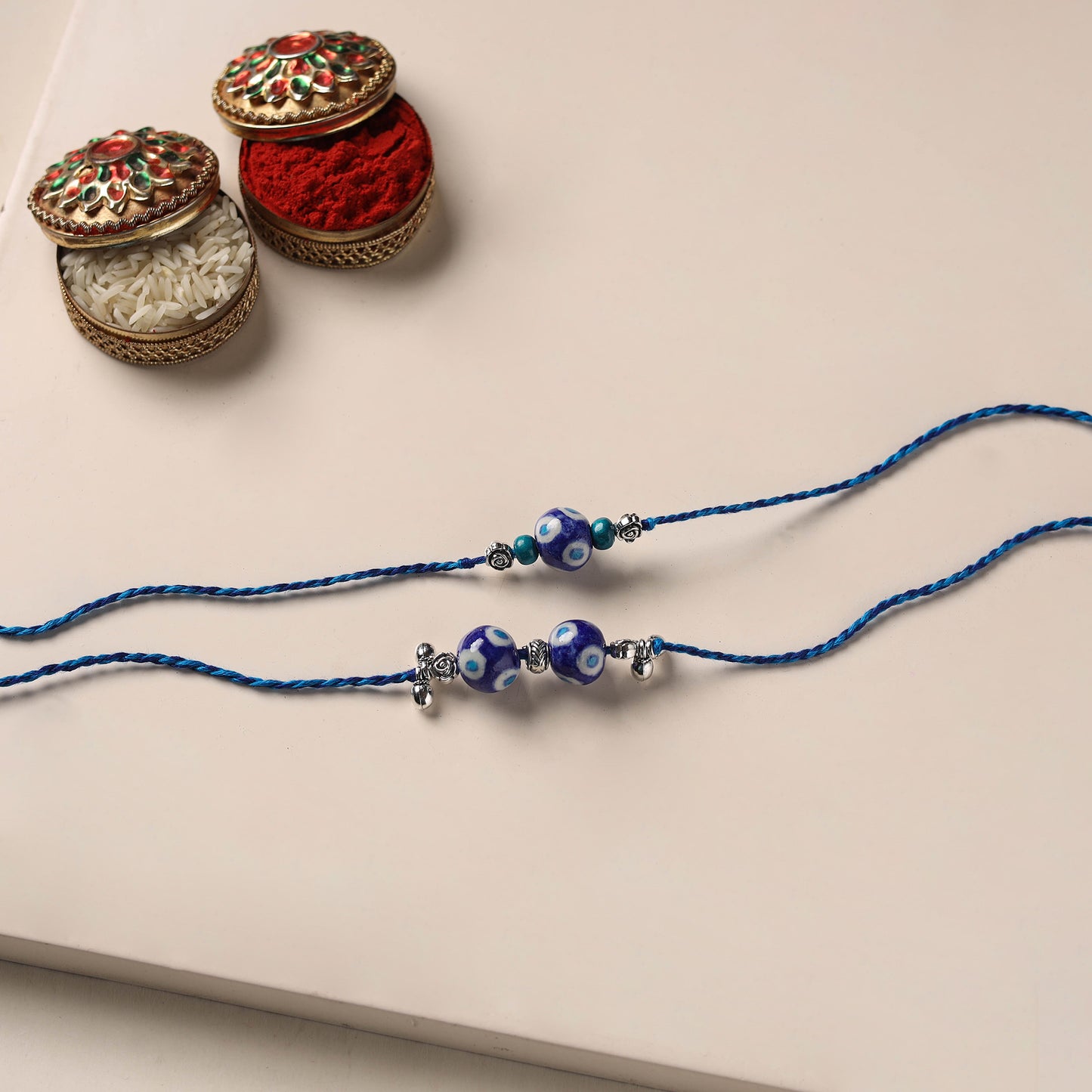 Handmade Blue Pottery & GS Bead Work Bhaiya Bhabhi Rakhi Set 26