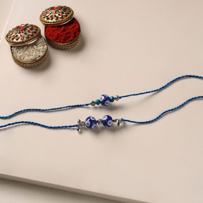 Handmade Blue Pottery & GS Bead Work Bhaiya Bhabhi Rakhi Set 26
