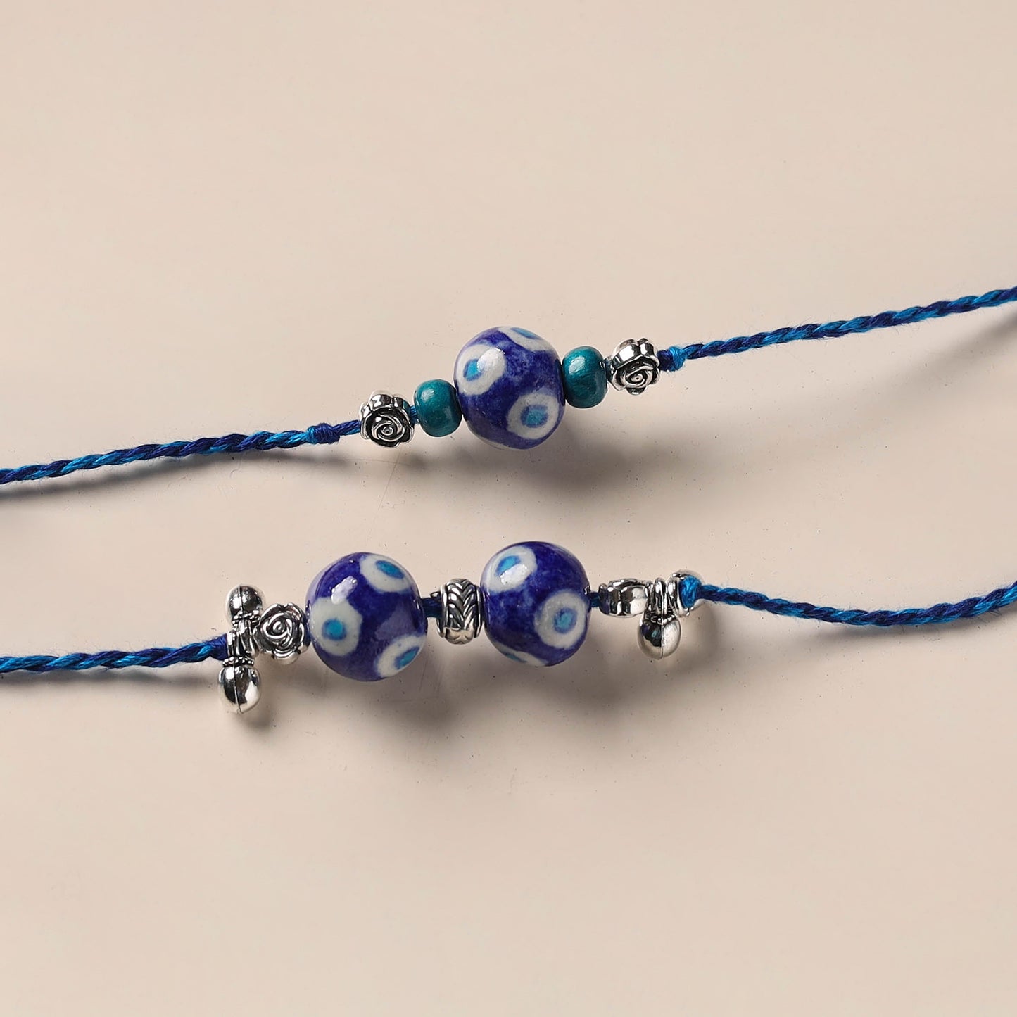 Handmade Blue Pottery & GS Bead Work Bhaiya Bhabhi Rakhi Set 26