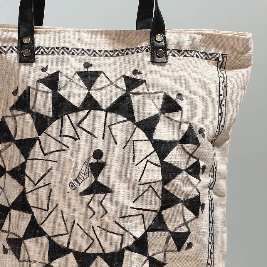 Beige - Warli Handpainted Jute Cotton Shoulder Bag