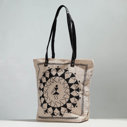 Beige - Warli Handpainted Jute Cotton Shoulder Bag