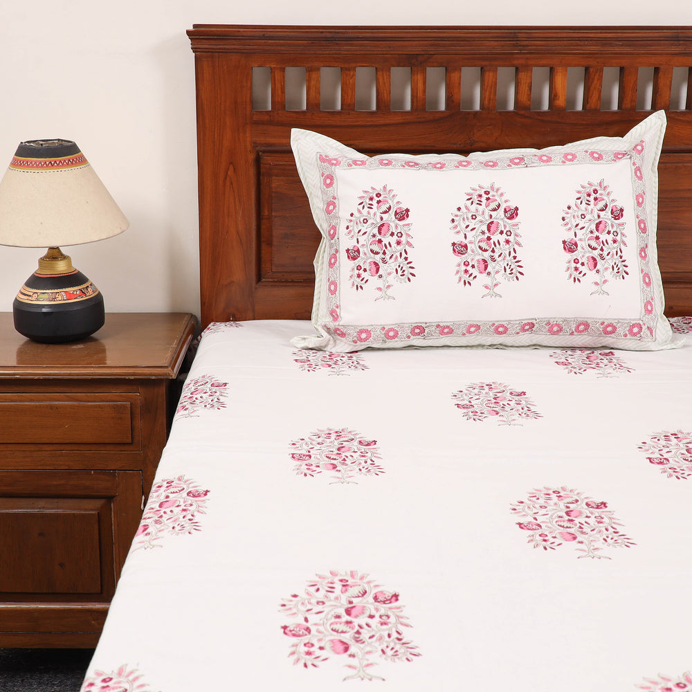 White - Pure Cotton Double Sanganeri Print Bed Cover Set 20