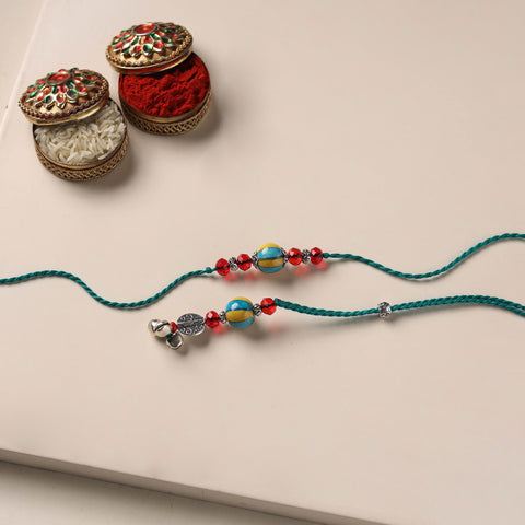 Handmade Blue Pottery & GS Bead Work Rakhi Lumba Set 32