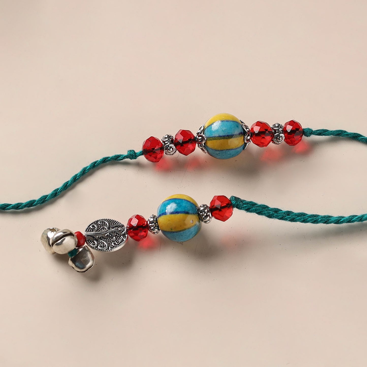 Handmade Blue Pottery & GS Bead Work Rakhi Lumba Set 32