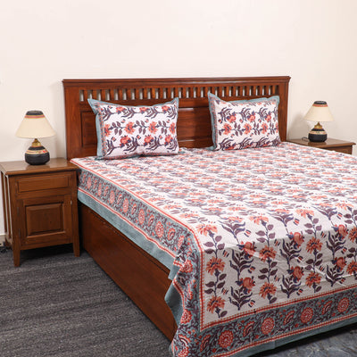 White - Pure Cotton Double Sanganeri Print Bed Cover Set 21