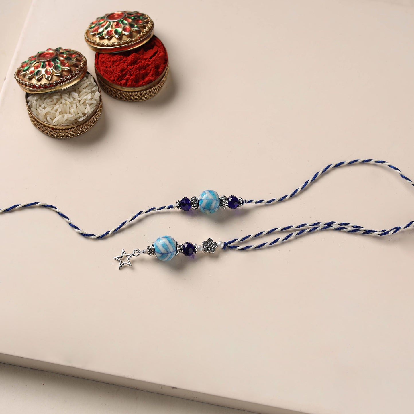 Handmade Blue Pottery & GS Bead Work Rakhi Lumba Set 33