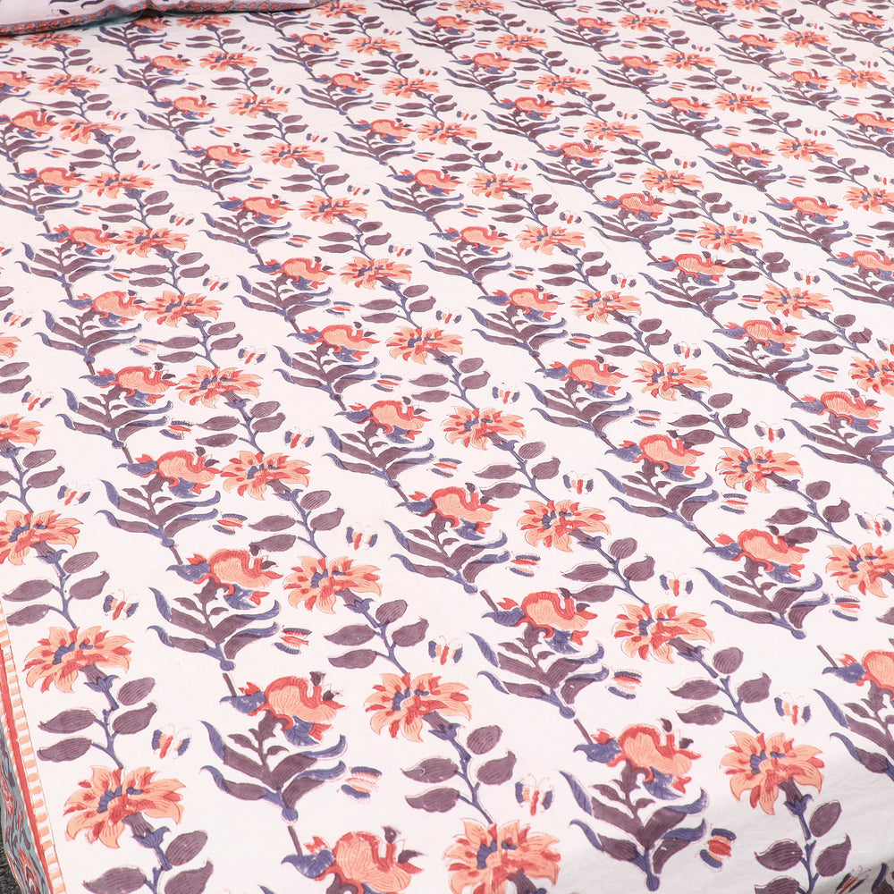 White - Pure Cotton Double Sanganeri Print Bed Cover Set 21