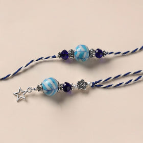 Handmade Blue Pottery & GS Bead Work Rakhi Lumba Set 33