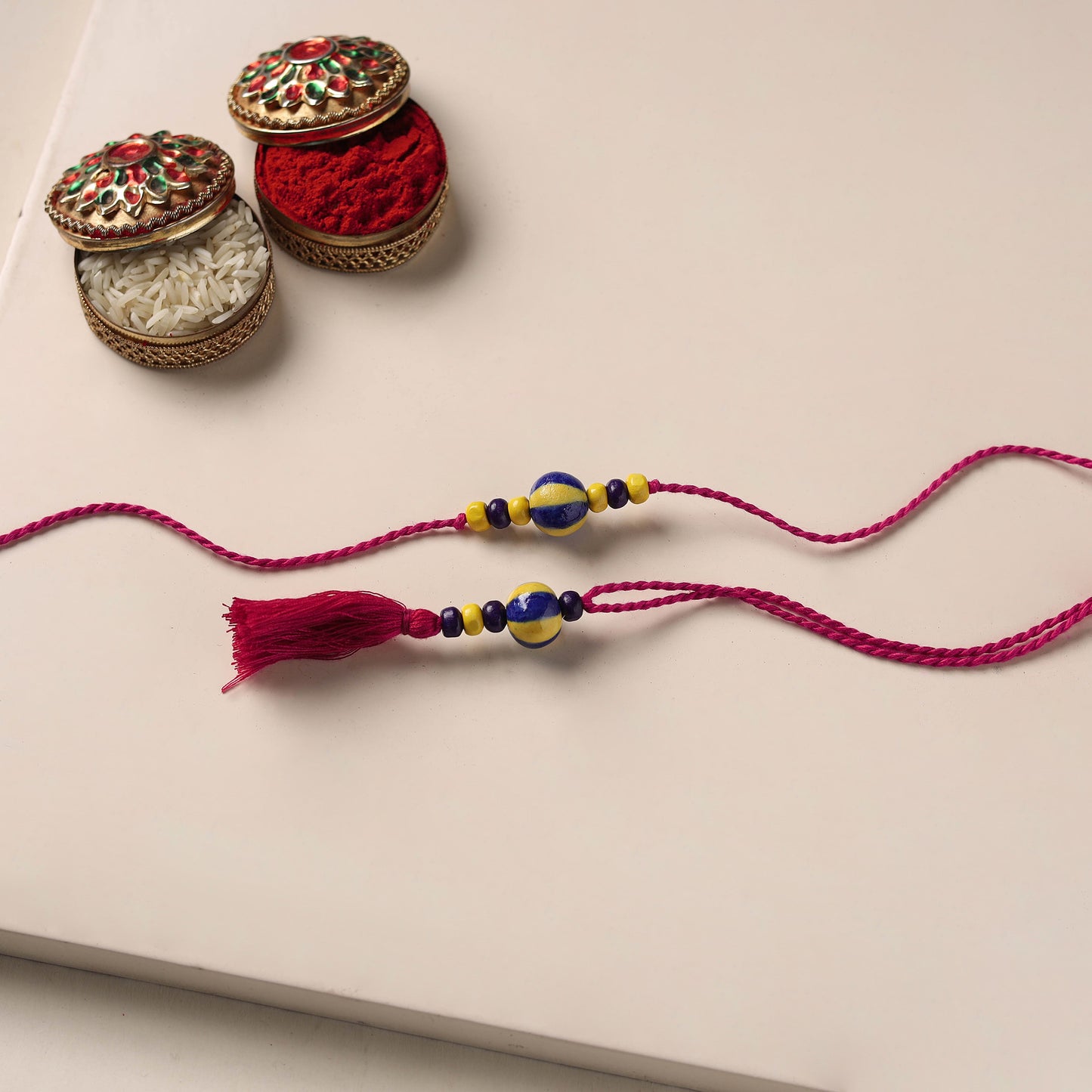Handmade Blue Pottery & GS Bead Work Rakhi Lumba Set 34
