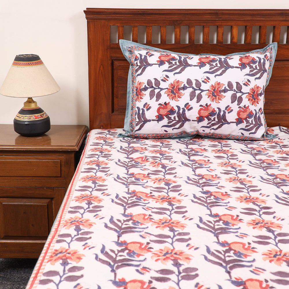 White - Pure Cotton Double Sanganeri Print Bed Cover Set 21