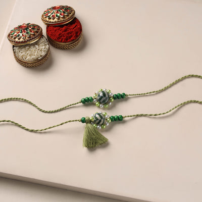 Handmade Blue Pottery & GS Bead Work Rakhi Lumba Set 35