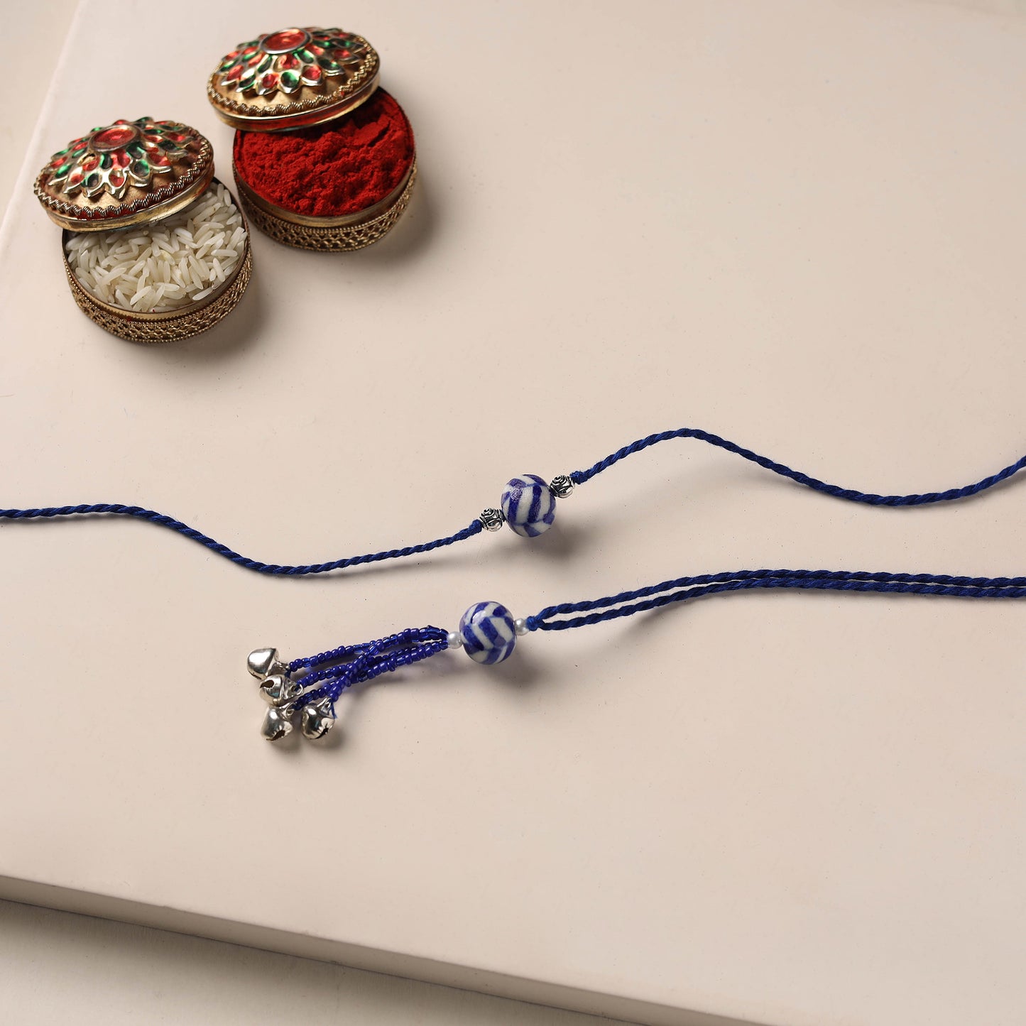 Handmade Blue Pottery & GS Bead Work Rakhi Lumba Set 36