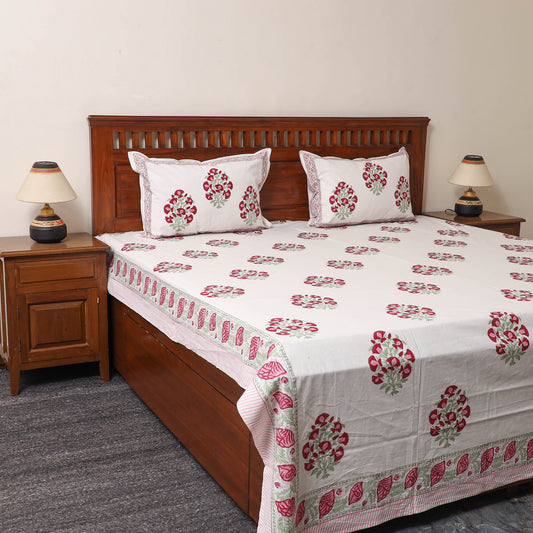 White - Pure Cotton Double Sanganeri Print Bed Cover Set 22