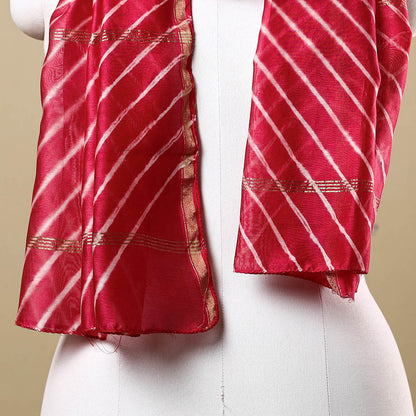 Pink - Leheriya Tie-Dye Chanderi Silk Handloom Stole with Zari Border 03