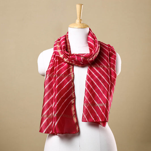 Pink - Leheriya Tie-Dye Chanderi Silk Handloom Stole with Zari Border 03