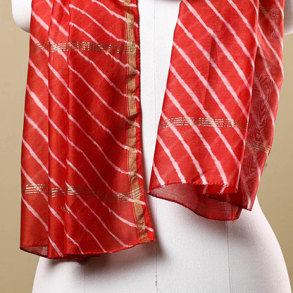Red - Leheriya Tie-Dye Chanderi Silk Handloom Stole with Zari Border 04