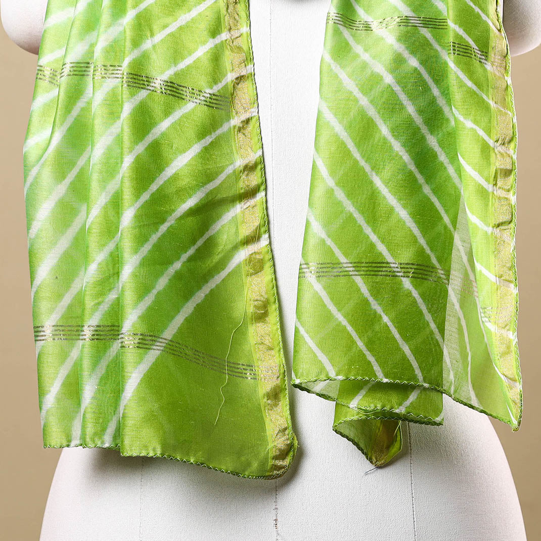 Green - Leheriya Tie-Dye Chanderi Silk Handloom Stole with Zari Border 05
