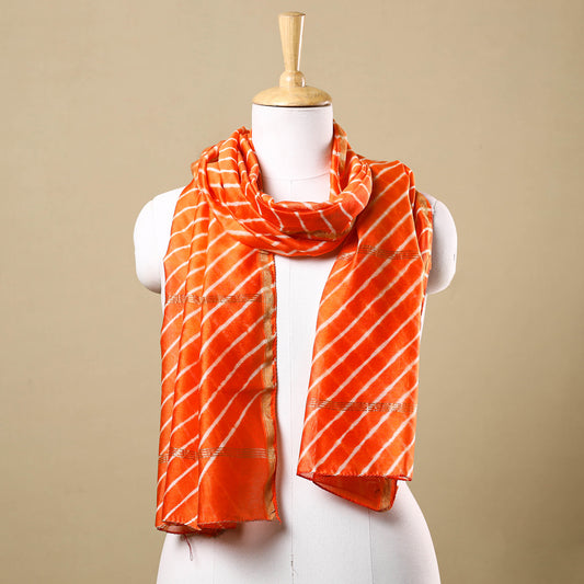 Orange - Leheriya Tie-Dye Chanderi Silk Handloom Stole with Zari Border 06
